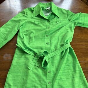 Neon Green Button-Up Belted Dress Vintage 60s, 70s